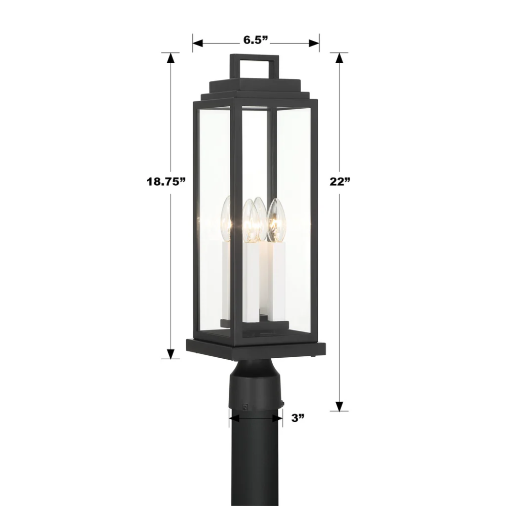 Aspen 4 Light Outdoor Post Light 6.5"x22" Stainless Steel and Glass Matte Black Finish 120V 4 E12 Candelabra Base LED Bulb Sockets Casual Farmhouse Lantern for Patio, Garden, Exterior Posts