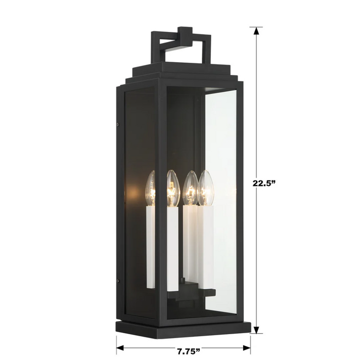 Aspen 4 Light Outdoor Sconce 7.75"x22.5" Stainless Steel and Clear Glass Matte Black Finish 120V 4 E12 Candelabra Base LED Bulb Sockets for Patio, Garden, Exterior Walls