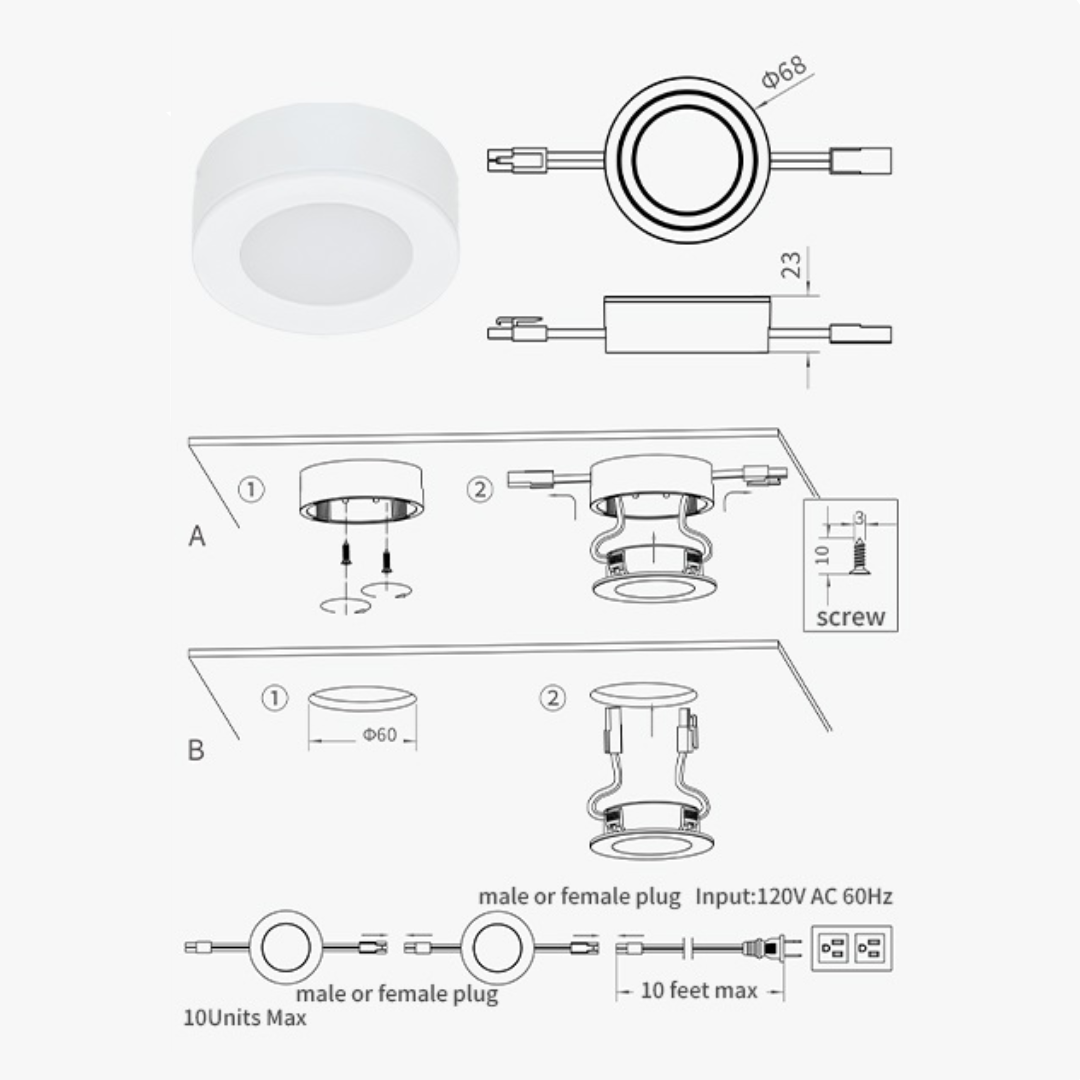 CBA03 3-Pack 2.7W 2.68" 3000K Dimmable Recessed and Surface Mounted Line Voltage 120V Line Voltage Hardwired LED Puck Cabinet Light Cast Aluminum Downlighting 110LM/130LM Package