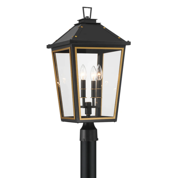 Hawkins 4 Light Outdoor Post Light 12"x25" Stainless Steel and Glass Matte Black with Textured Gold Finish 120V 4 E12 Candelabra Base LED Bulb Sockets Casual Farmhouse Lantern for Patio, Garden, Exterior Posts