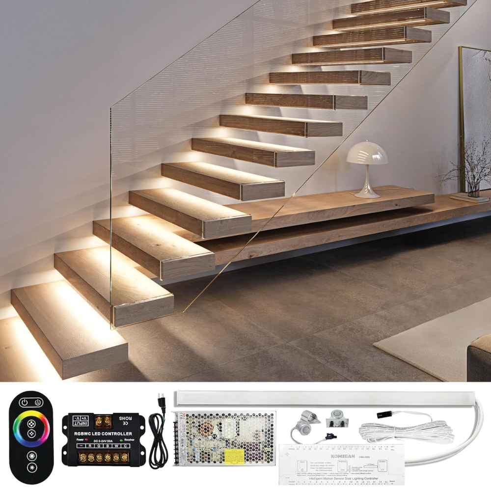 SLMS03 Intelligent LED COB Strip Light Stair Light Kit 10, 16 or 20 Stairs with Remote Control, Motion Sensor, RGB and Tunable 3000K-6000K