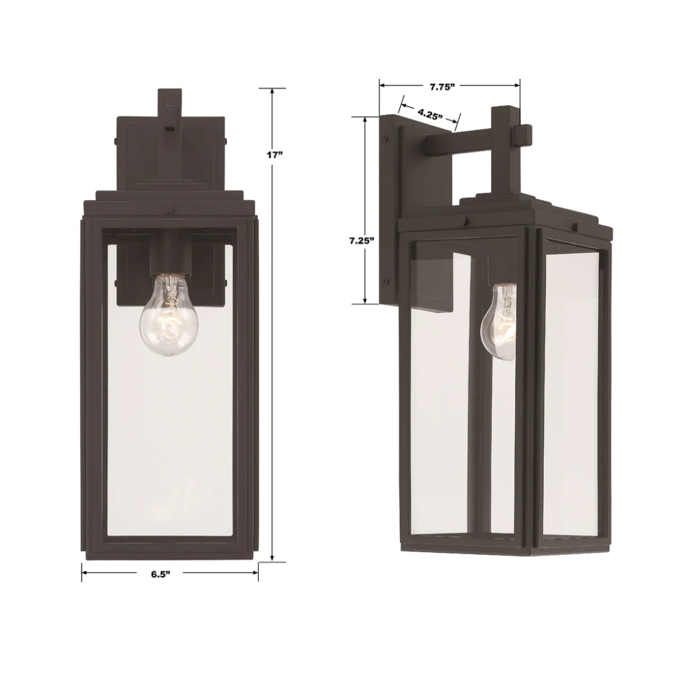 Byron 1 Light Outdoor Sconce 6.5"x17" Stainless Steel and Clear Glass Matte Black Finish 120V 1 E26 Medium Base LED Bulb Socket for Patio, Garden, Exterior Walls