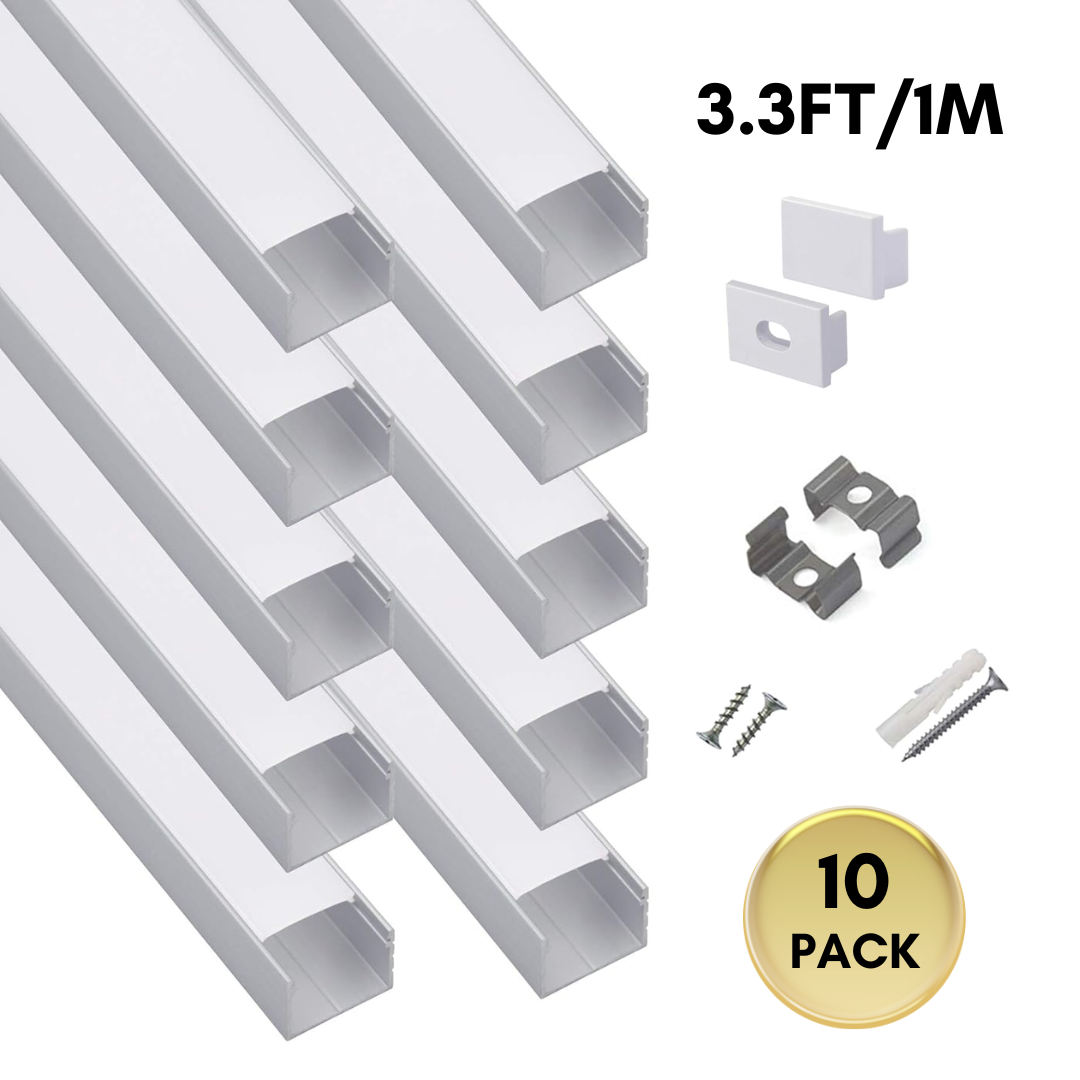 AC07 U-Shaped Square Aluminum Channel 3.3FT/1M and 6.6FT/2M For Max 16mm LED Strip Lights Pack of 10 and 20