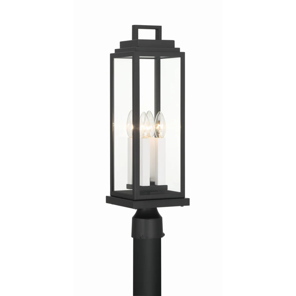 Aspen 4 Light Outdoor Post Light 6.5"x22" Stainless Steel and Glass Matte Black Finish 120V 4 E12 Candelabra Base LED Bulb Sockets Casual Farmhouse Lantern for Patio, Garden, Exterior Posts