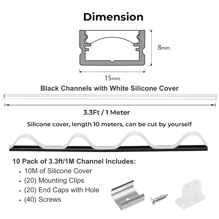 AC10 U-Shaped Aluminum Channel with Plastic or Silicone Diffuser Cover 3.3FT/1M For Max 13mm Width LED Strip Lights Pack of 6/10/20