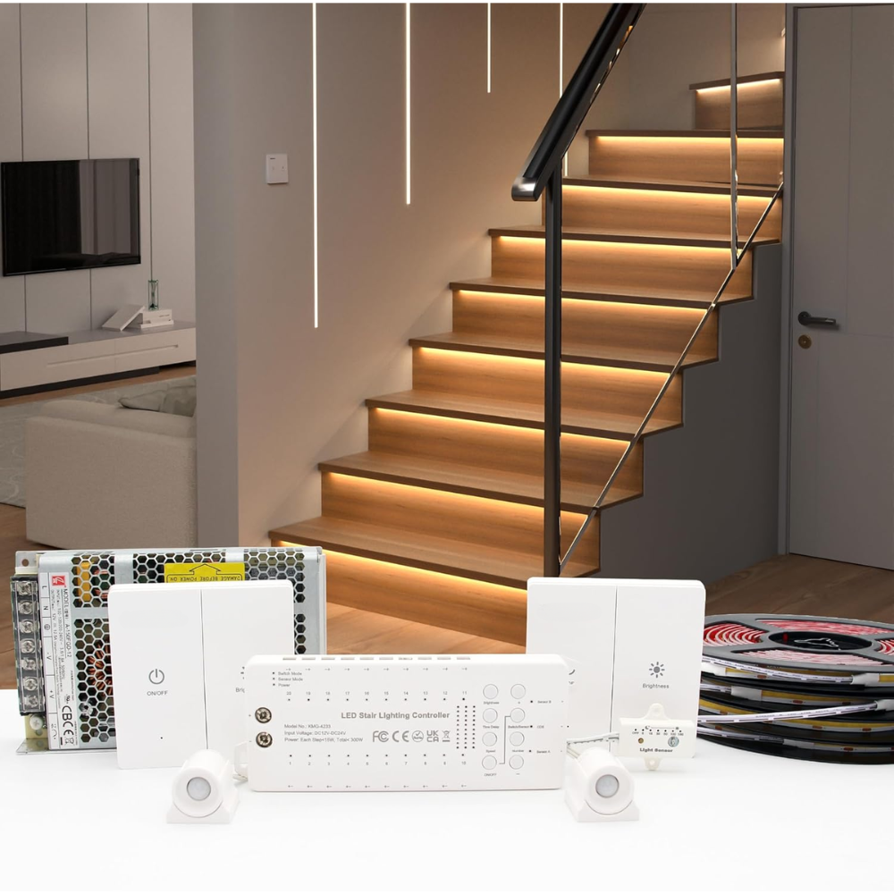 SLMS02 Intelligent Motion Sensor LED COB Strip Light Stair Light Kit 12, 16 or 20 Stairs with Wall Switch 3000K Warm White or 6000K