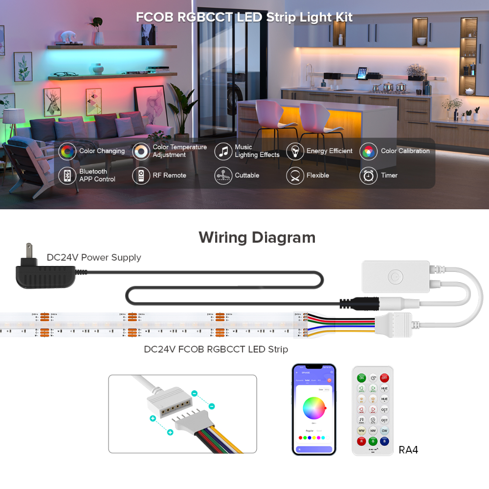 SLD19 Dotless Linear LED RGB+CCT 3000K-6000K COB 2.07W/ft Strip Lights IP30 Low Voltage DC24V Tape Light with Power Adapter Kit Available