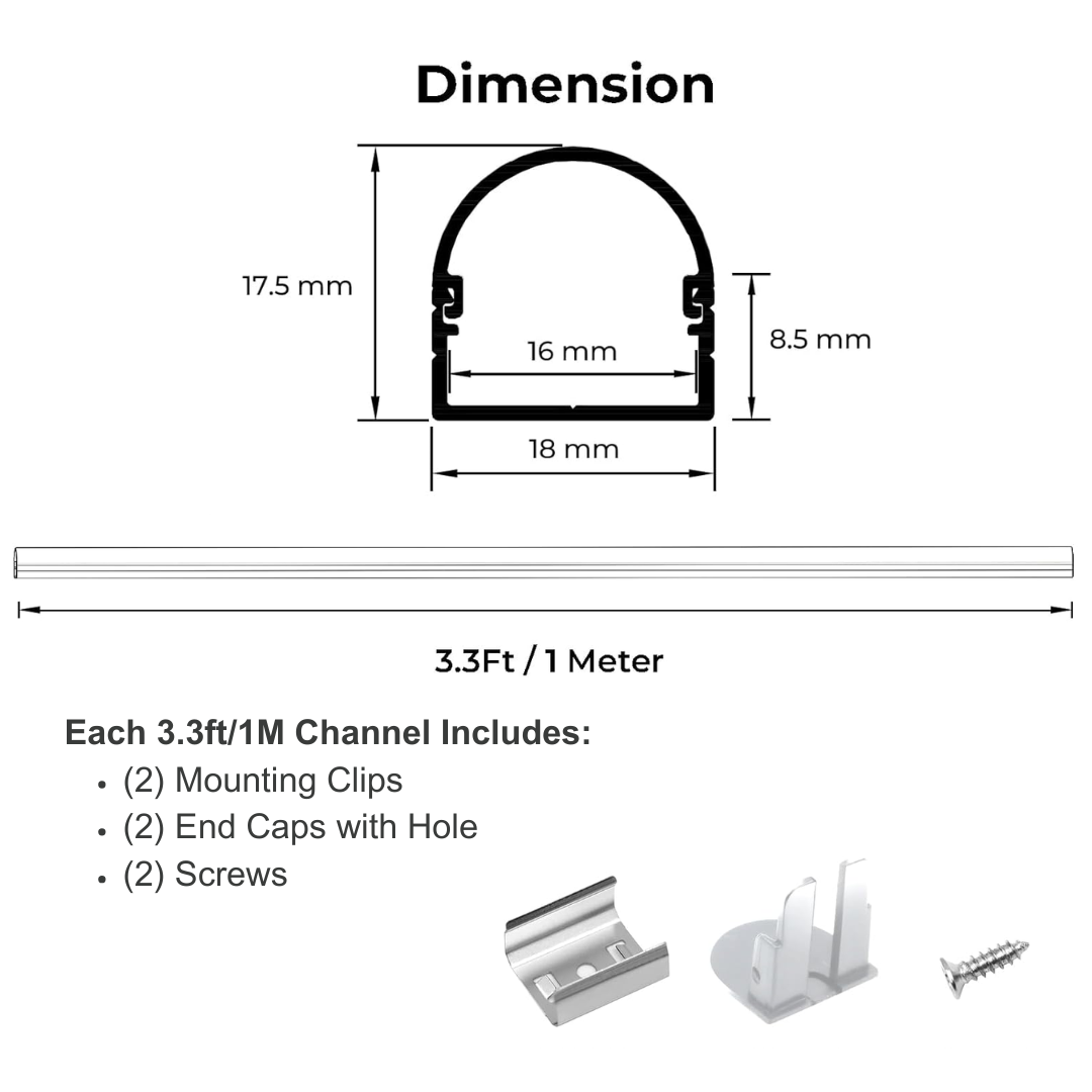 AC09 U-Shaped Spotless Aluminum Channel 3.3FT/1M For Max 16mm Width LED Strip Lights Pack of 6 and 10