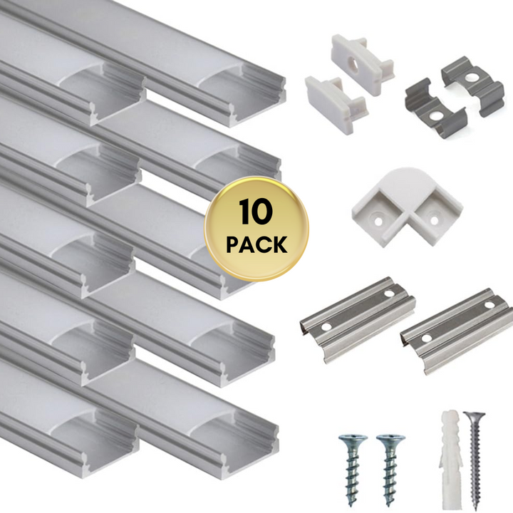 AC06 U-Shaped Silver or White Rectangular Aluminum Channel 3.3FT/1M For Max 12mm LED Strip Lights Pack of 10 or 20