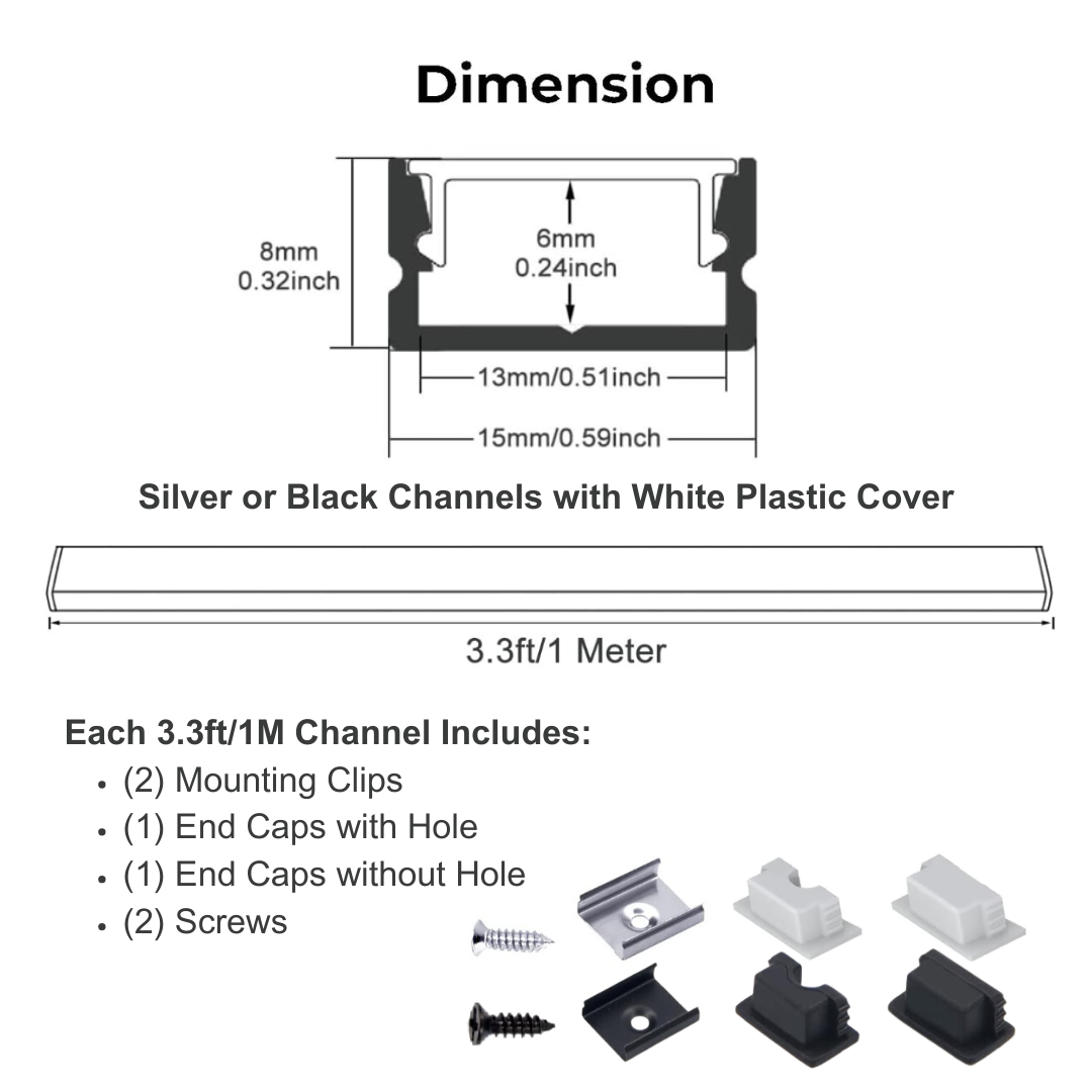 AC10 U-Shaped Aluminum Channel with Plastic or Silicone Diffuser Cover 3.3FT/1M For Max 13mm Width LED Strip Lights Pack of 6/10/20