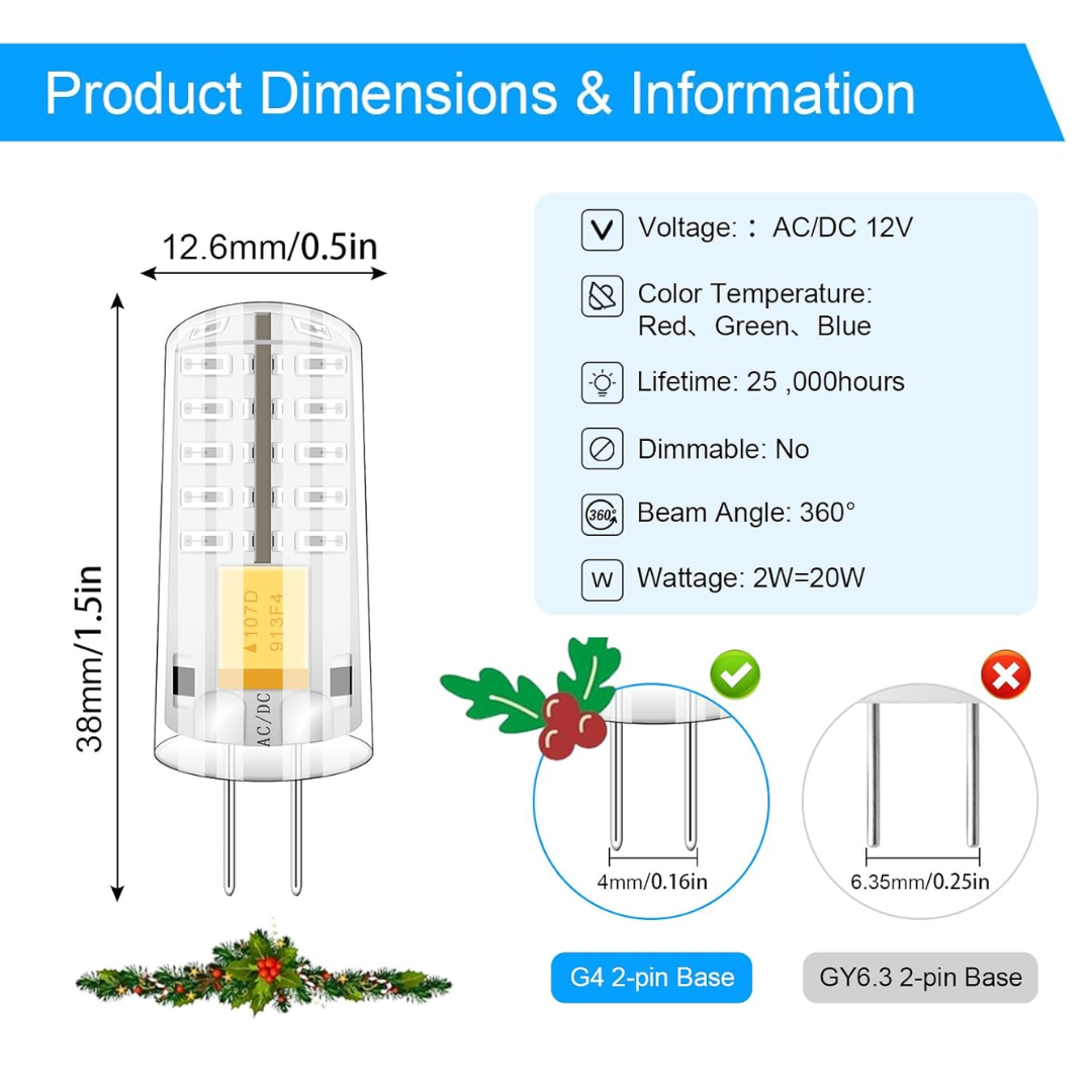 G4 2W Bi Pin 12V AC/DC Pack of 5 Single-Color Red/Green/Blue LED Capsule Light Bulb Energy Efficient Holiday Lighting