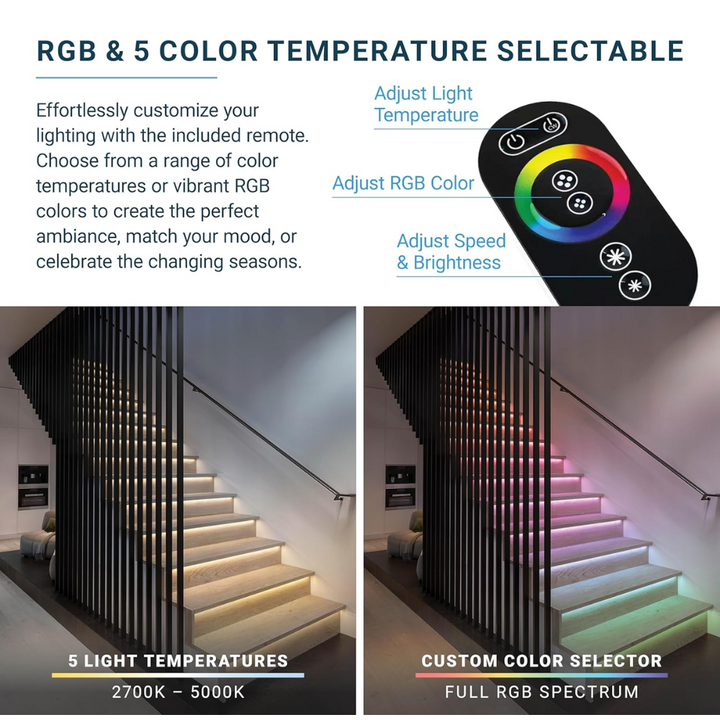 SLMS03 Intelligent LED COB Strip Light Stair Light Kit 10, 16 or 20 Stairs with Remote Control, Motion Sensor, RGB and Tunable 3000K-6000K