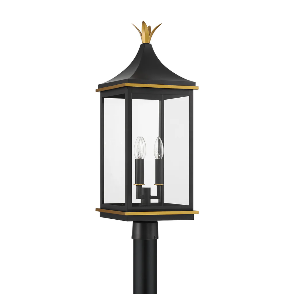 Simpson 3 Light Outdoor Post Light 10"x27.75" Stainless Steel and Glass Matte Black with Textured Gold Finish 120V 3 E12 Candelabra Base LED Bulb Sockets Casual Farmhouse Lantern for Patio, Garden, Exterior Posts