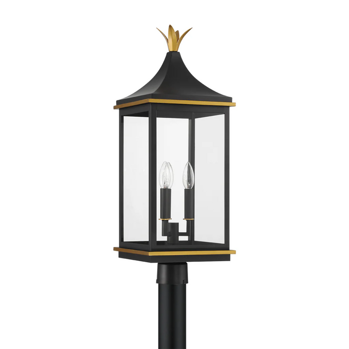 Simpson 3 Light Outdoor Post Light 10"x27.75" Stainless Steel and Glass Matte Black with Textured Gold Finish 120V 3 E12 Candelabra Base LED Bulb Sockets Casual Farmhouse Lantern for Patio, Garden, Exterior Posts