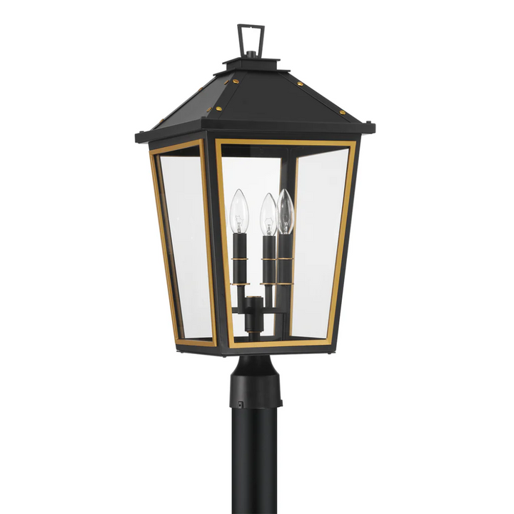 Hawkins 4 Light Outdoor Post Light 12"x25" Stainless Steel and Glass Matte Black with Textured Gold Finish 120V 4 E12 Candelabra Base LED Bulb Sockets Casual Farmhouse Lantern for Patio, Garden, Exterior Posts