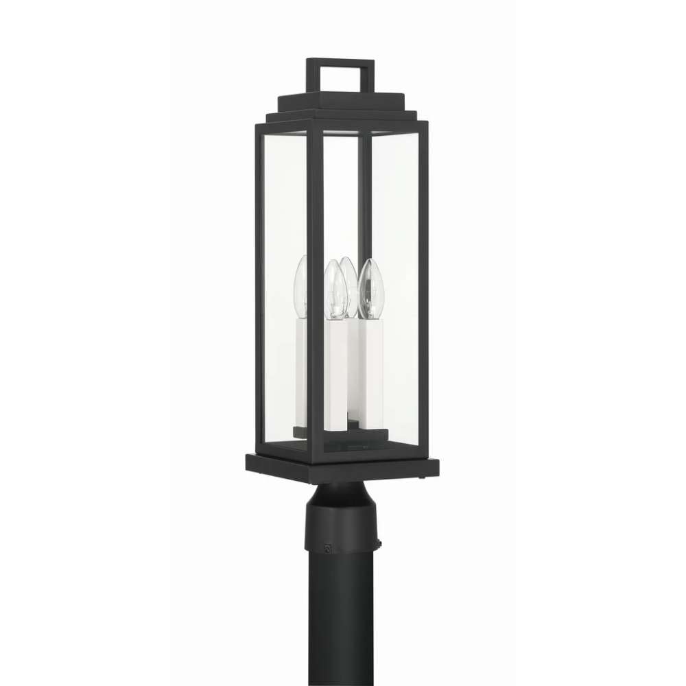 Aspen 4 Light Outdoor Post Light 6.5"x22" Stainless Steel and Glass Matte Black Finish 120V 4 E12 Candelabra Base LED Bulb Sockets Casual Farmhouse Lantern for Patio, Garden, Exterior Posts