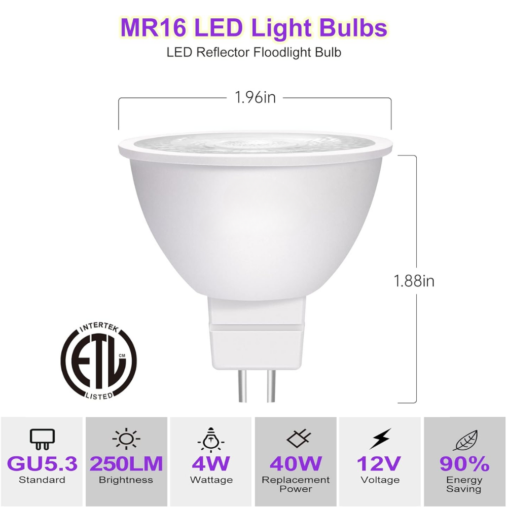 MR16 GU5.3 6-Pack 4W Purple LED Light Bulb, Energy Saving 12V Outdoor Holiday and Party Lighting