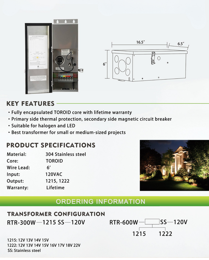 RTR300 300W Multi Tap Low Voltage Transformer with Photocell and Manual Dial Timer IP65 Waterproof