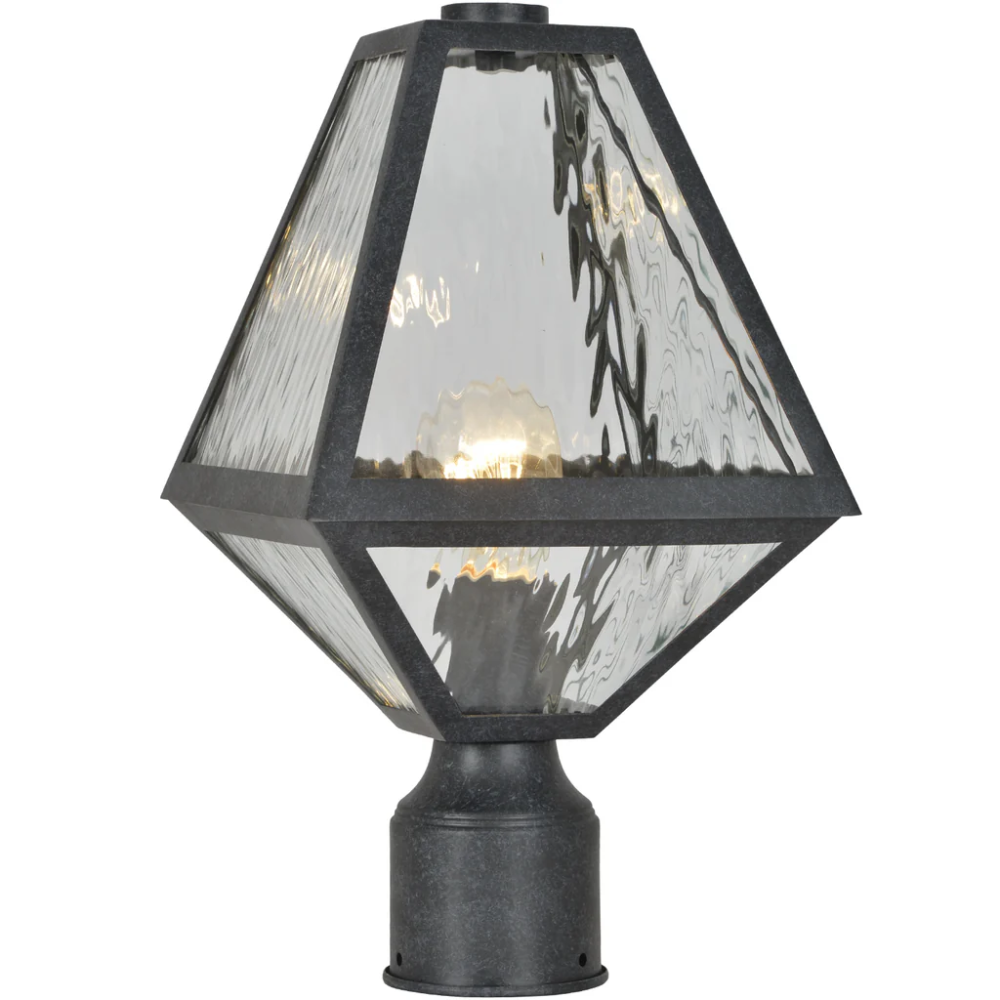 Brian Patrick Flynn Glacier 1 Light Outdoor Post Light 8"x15.5" Stainless Steel and Water Glass Charcoal Black Finish 120V 1 E26 Medium Base LED Bulb Socket Casual Farmhouse Lantern for Patio, Garden, Exterior Posts