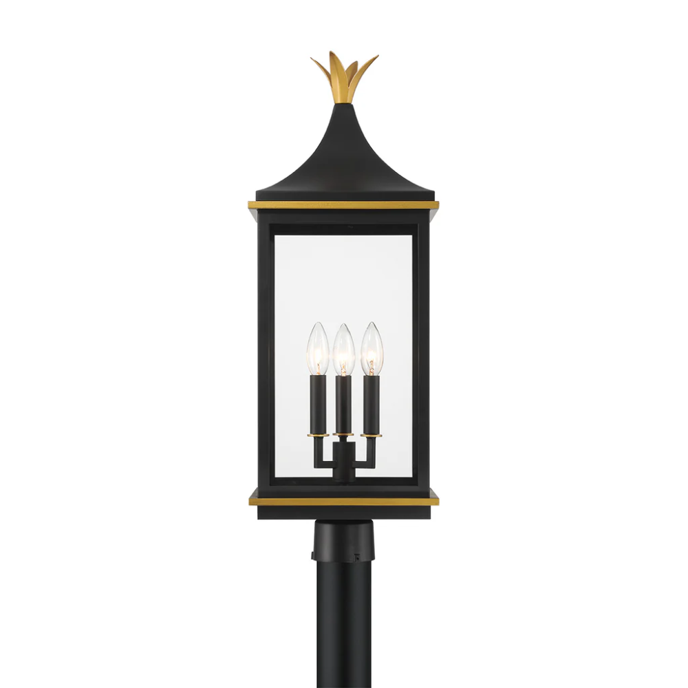 Simpson 3 Light Outdoor Post Light 10"x27.75" Stainless Steel and Glass Matte Black with Textured Gold Finish 120V 3 E12 Candelabra Base LED Bulb Sockets Casual Farmhouse Lantern for Patio, Garden, Exterior Posts