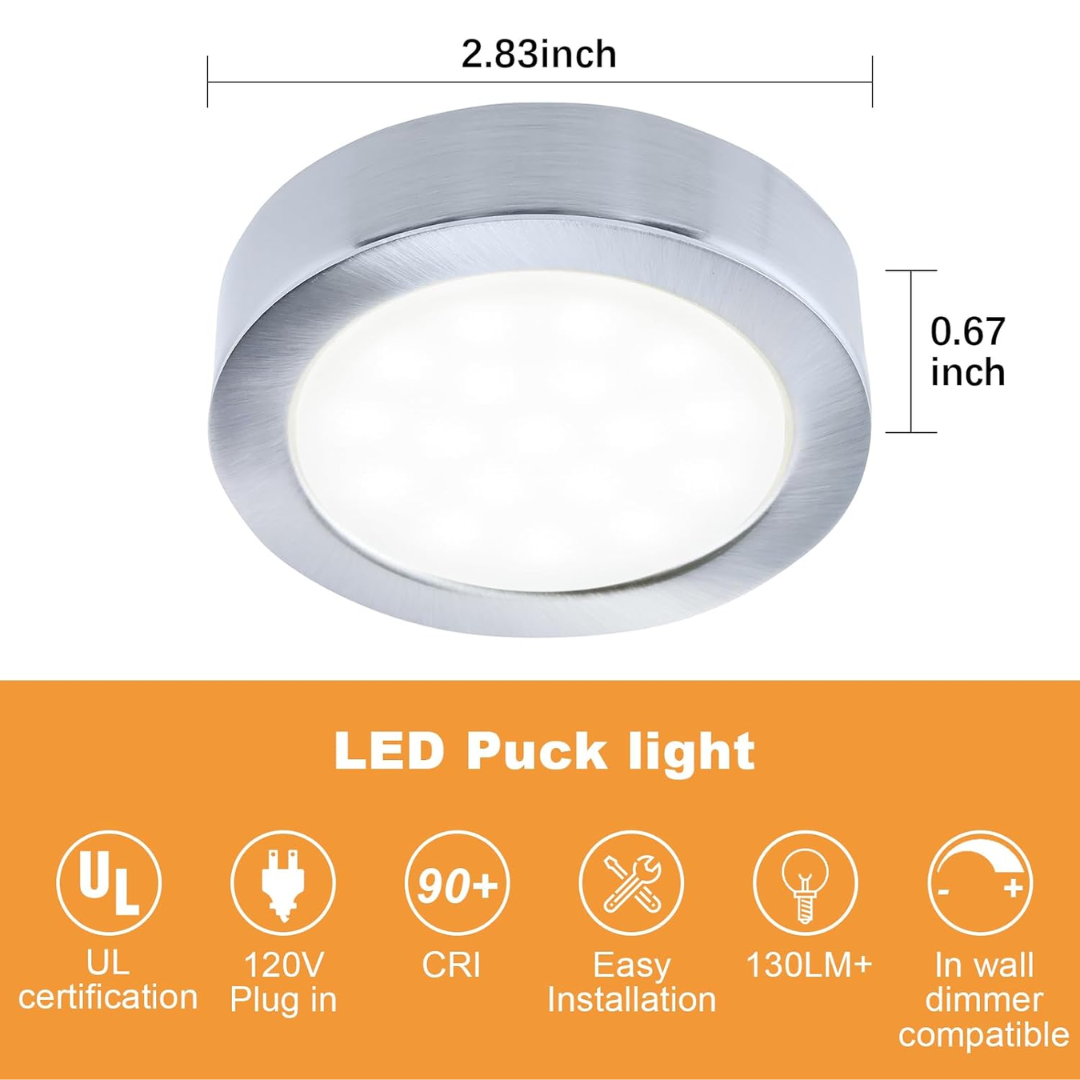 CBA03 3-Pack 2.7W 2.68" 3000K Dimmable Recessed and Surface Mounted Line Voltage 120V Line Voltage Hardwired LED Puck Cabinet Light Cast Aluminum Downlighting 110LM/130LM Package