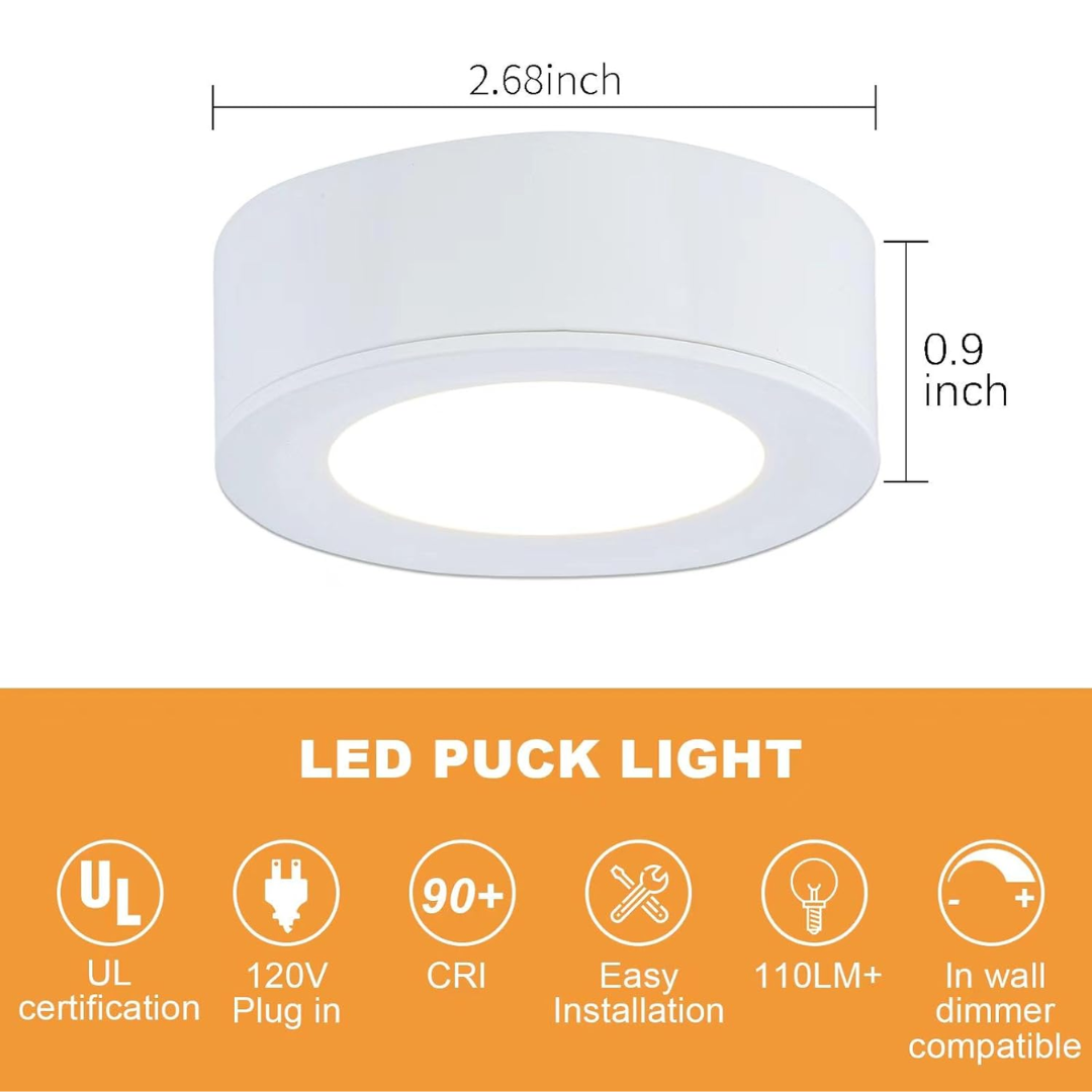 CBA03 3-Pack 2.7W 2.68" 3000K Dimmable Recessed and Surface Mounted Line Voltage 120V Line Voltage Hardwired LED Puck Cabinet Light Cast Aluminum Downlighting 110LM/130LM Package