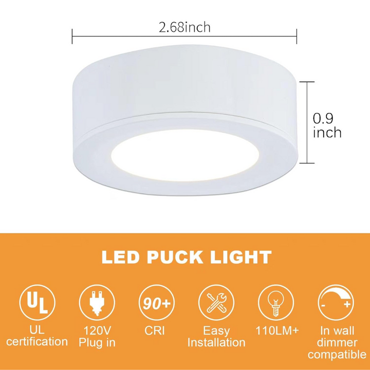 CBA03 3-Pack 2.7W 2.68" 3000K Dimmable Recessed and Surface Mounted Line Voltage 120V Line Voltage Hardwired LED Puck Cabinet Light Cast Aluminum Downlighting 110LM/130LM Package