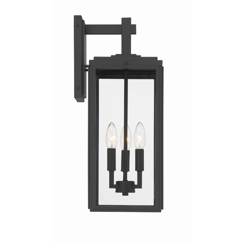 Byron 3 Light Outdoor Sconce 7.5"x19.75" Stainless Steel and Clear Glass Matte Black Finish 120V 3 E12 Candelabra Base LED Bulb Socket for Patio, Garden, Exterior Walls