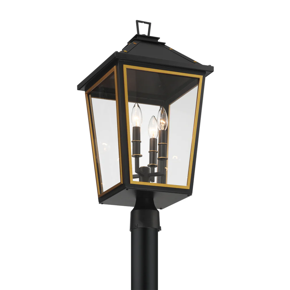 Hawkins 4 Light Outdoor Post Light 12"x25" Stainless Steel and Glass Matte Black with Textured Gold Finish 120V 4 E12 Candelabra Base LED Bulb Sockets Casual Farmhouse Lantern for Patio, Garden, Exterior Posts