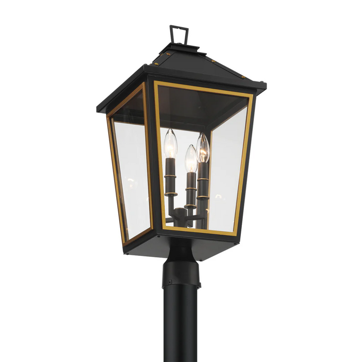 Hawkins 4 Light Outdoor Post Light 12"x25" Stainless Steel and Glass Matte Black with Textured Gold Finish 120V 4 E12 Candelabra Base LED Bulb Sockets Casual Farmhouse Lantern for Patio, Garden, Exterior Posts