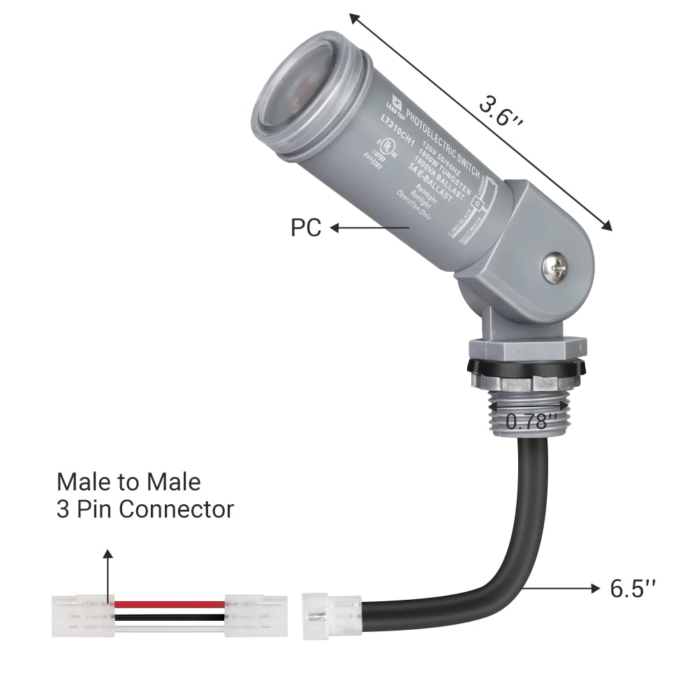 PCS02 Photocell Sensor Switch, 120V AC Outdoor Swivel Mount, Dusk to Dawn Sensor, Automatic Illumination Detection Circuit, 3 Pin Male to Male Connector Included, UL Listed