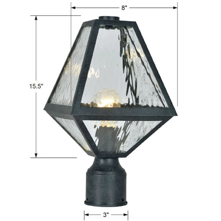 Brian Patrick Flynn Glacier 1 Light Outdoor Post Light 8"x15.5" Stainless Steel and Water Glass Charcoal Black Finish 120V 1 E26 Medium Base LED Bulb Socket Casual Farmhouse Lantern for Patio, Garden, Exterior Posts