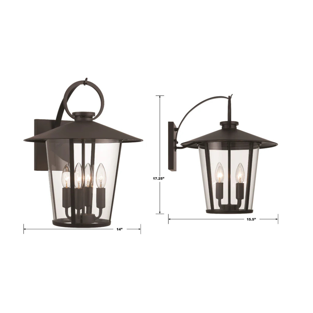 Andover 4 Light Outdoor Sconce 14"x17.25" Stainless Steel and Clear Glass Black Matte Finish 120V 4 E12 Candelabra Base LED Bulb Socket for Patio, Garden, Exterior Walls