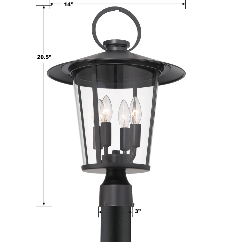 Andover 4 Light Outdoor Post Light 14"x20.5" Stainless Steel and Glass Matte Black Finish 120V 4 E12 Candelabra Base LED Bulb Sockets Casual Farmhouse Lantern for Patio, Garden, Exterior Posts