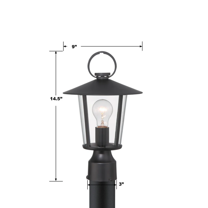 Andover 1 Light Outdoor Post Light 9"x14.5" Stainless Steel and Glass Matte Black Finish 120V 1 E26 Medium Base LED Bulb Sockets Casual Farmhouse Lantern for Patio, Garden, Exterior Posts