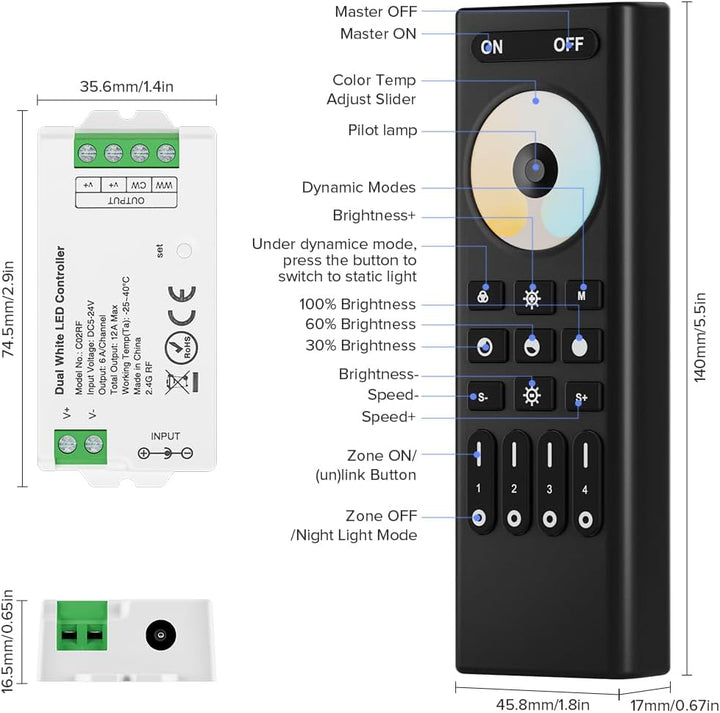 4-Zone RF 2.4GHz Dual White Wireless Remote Kit Tuya-Compatible for CCT Control DC5V-24V LED Strip 5050 SMD FCOB COB CCT