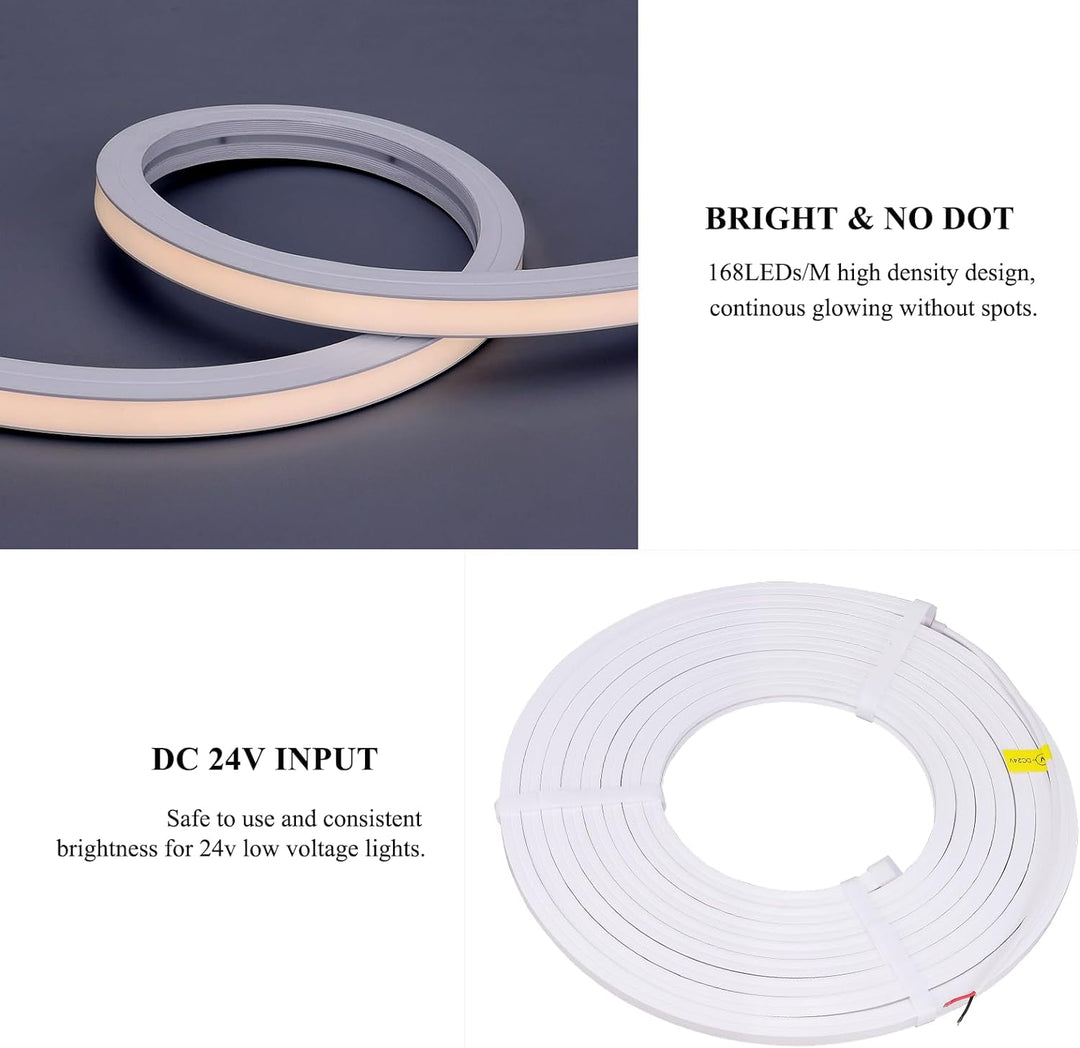 SLN01 Dotless COB Neon LED 16.4FT (5M) Strip Light DC24V 60W IP67 10x10MM Outdoor Rated Dimmable Low Voltage Silicone Strip Light