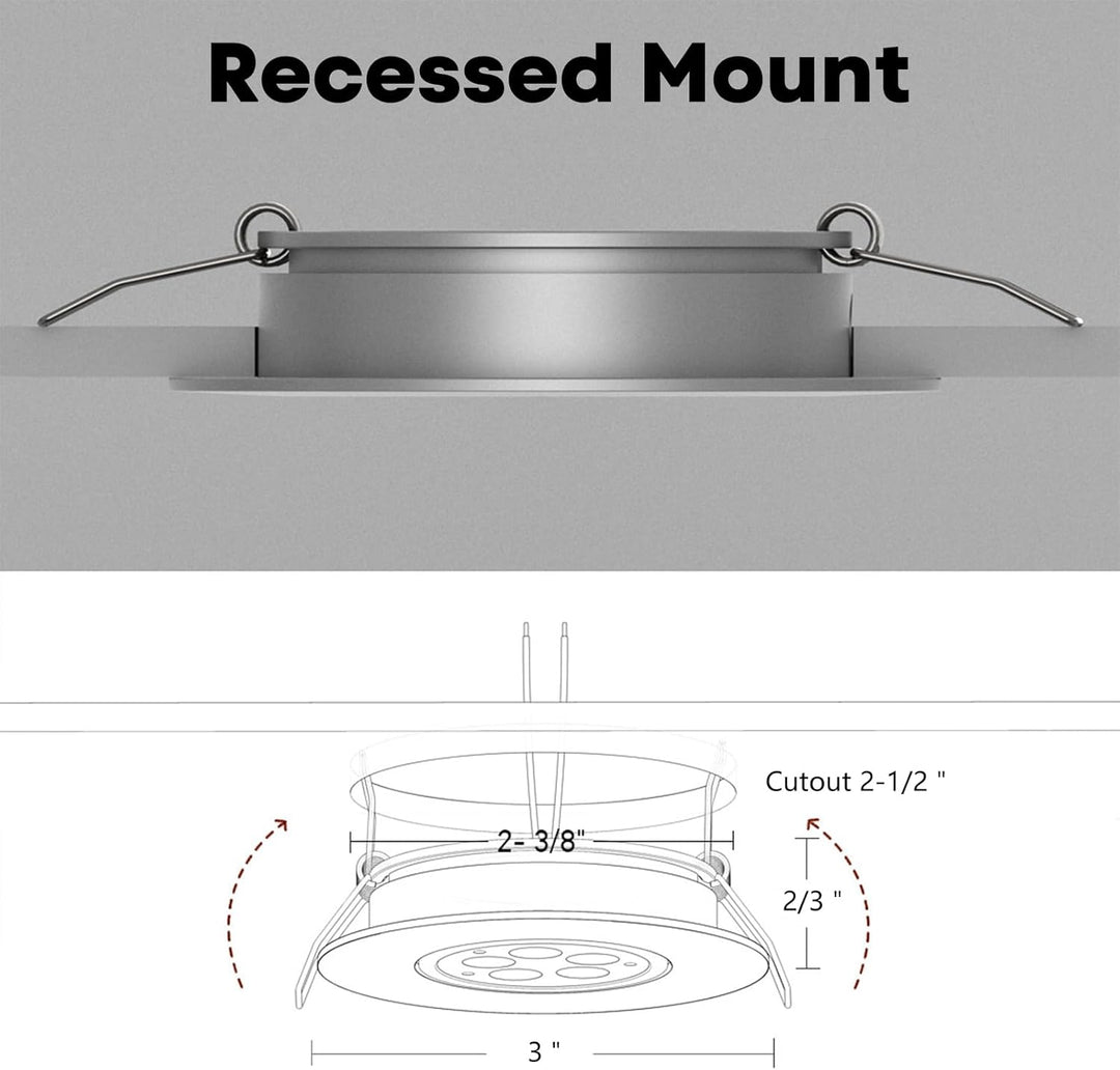 CBA01 2-Pack 2.5W Dimmable 70° Adjustable Swivel RV Recessed Low Voltage DC12V LED Puck Cabinet Light Cast Aluminum Downlighting