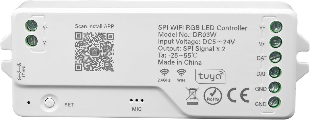 DR03W Tuya SPI Wi-Fi RGB LED Controller Compatible with Alexa and Google Assistant, Support WS2913 WS2815 LED Strip STA Mode