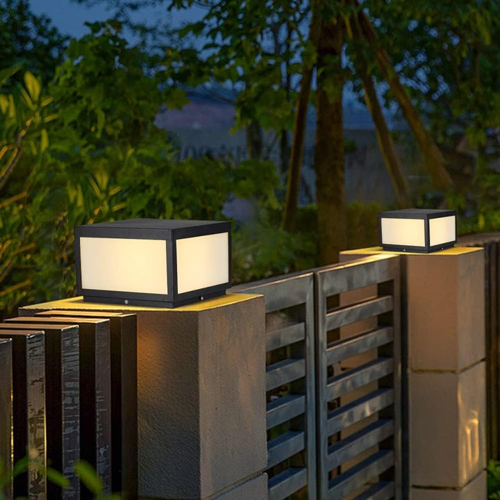 CPLA04 Modern Pillar Lamp Post Light with Tempered Glass Shade Fence Deck Cap Lantern with E26 9W 3000K 110V AC Line Voltage Stainless Steel LED IP55 Waterproof, Electric-Powered, Low-Voltage E26 LED Compatible