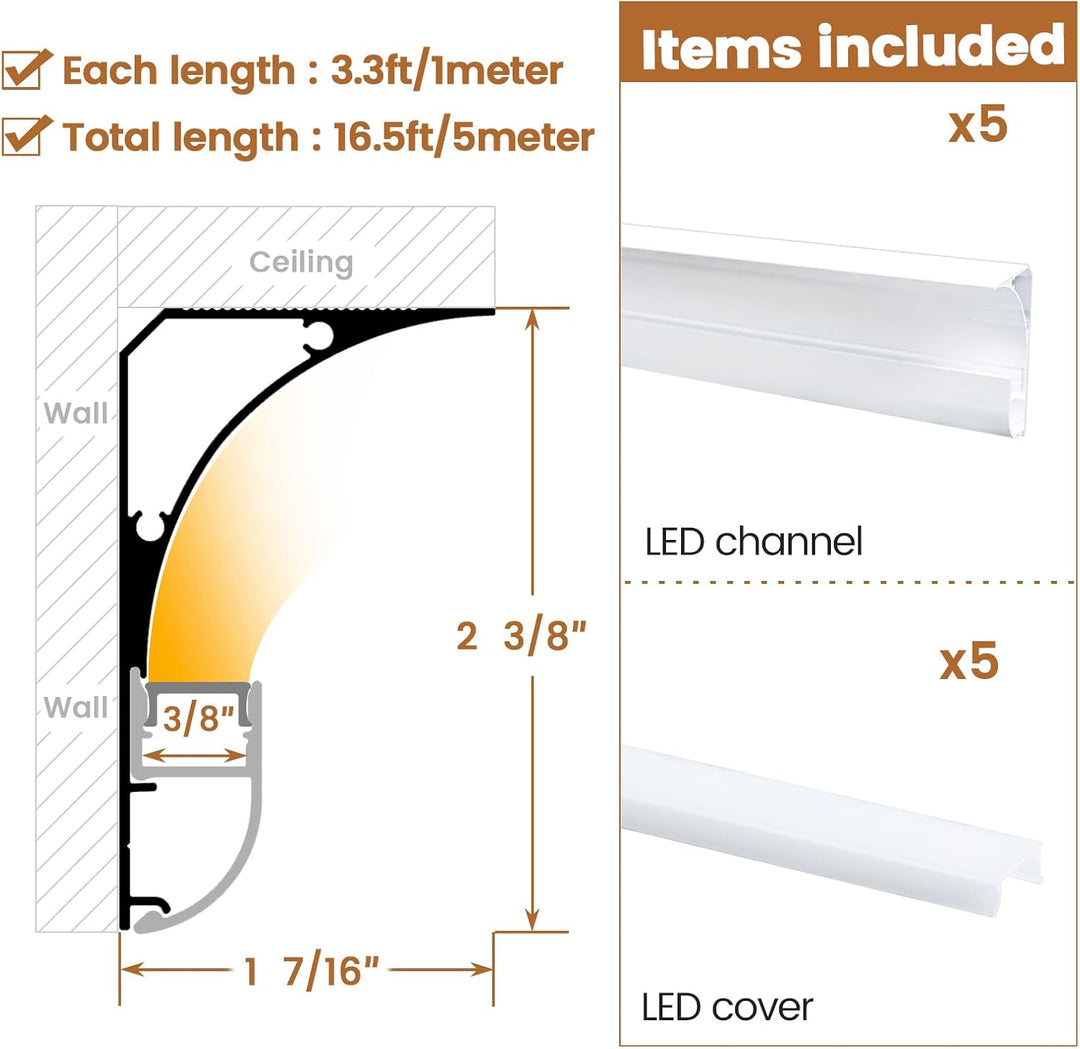 Aluminum Channel Crown Moulding Trim with Diffuser 5-Pack 3.3FT/1M (5M) For Strip Lights