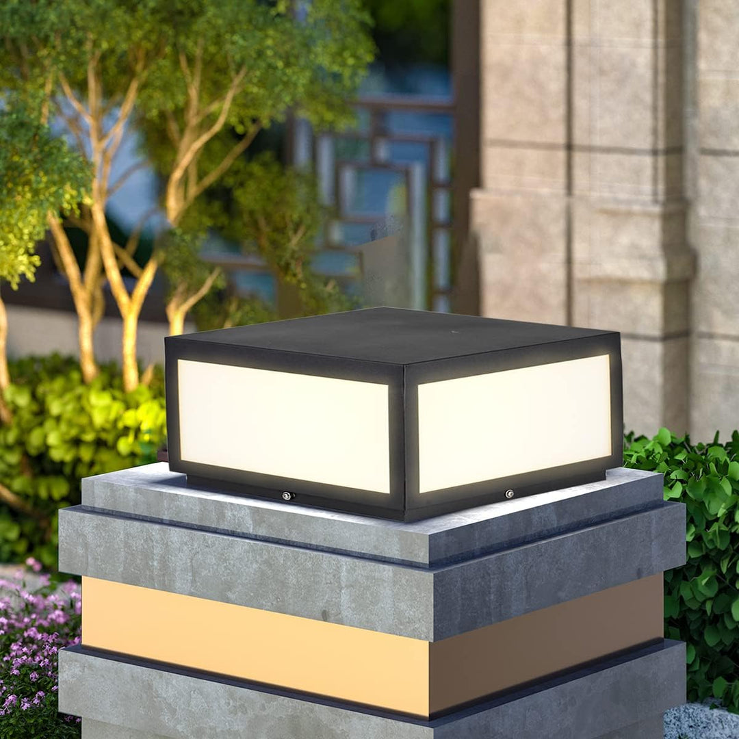 CPLA04 Modern Pillar Lamp Post Light with Tempered Glass Shade Fence Deck Cap Lantern with E26 9W 3000K 110V AC Line Voltage Stainless Steel LED IP55 Waterproof, Electric-Powered, Low-Voltage E26 LED Compatible