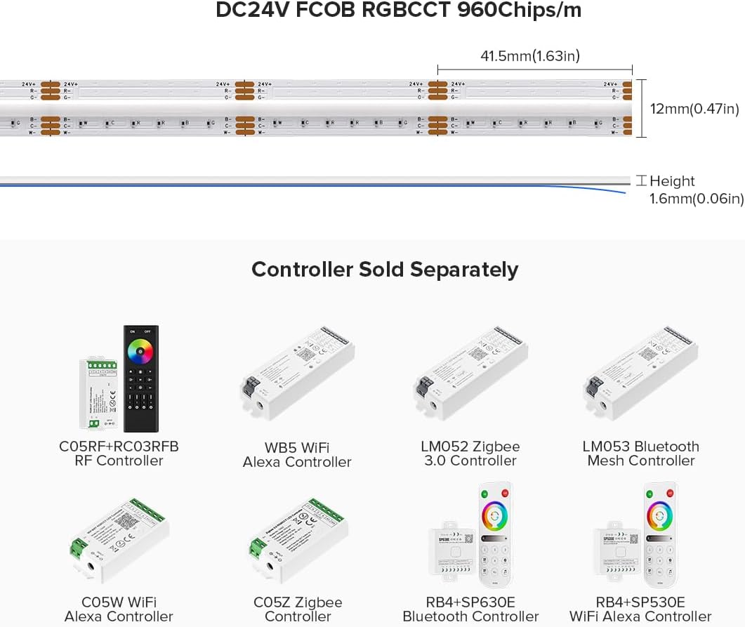 SLD19 Dotless Linear LED RGB+CCT 3000K-6000K COB 2.07W/ft Strip Lights IP30 Low Voltage DC24V Tape Light with Power Adapter Kit Available