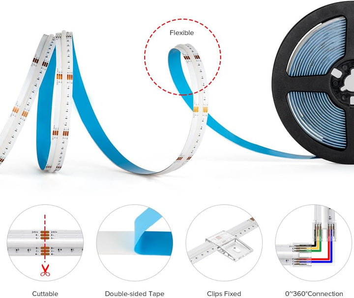 SLD19 Dotless Linear LED RGB+CCT 3000K-6000K COB 2.07W/ft Strip Lights IP30 Low Voltage DC24V Tape Light with Power Adapter Kit Available