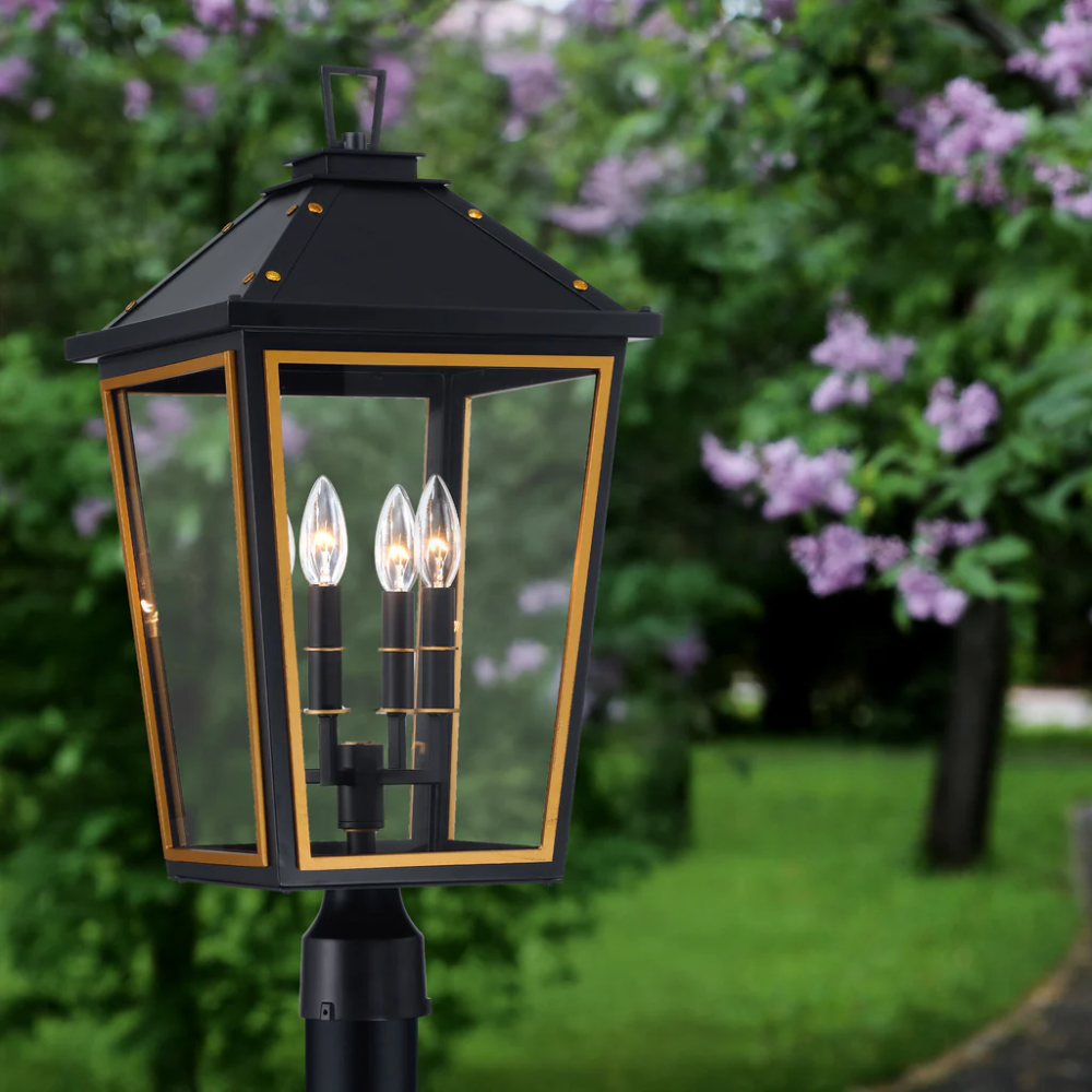 Hawkins 4 Light Outdoor Post Light 12"x25" Stainless Steel and Glass Matte Black with Textured Gold Finish 120V 4 E12 Candelabra Base LED Bulb Sockets Casual Farmhouse Lantern for Patio, Garden, Exterior Posts