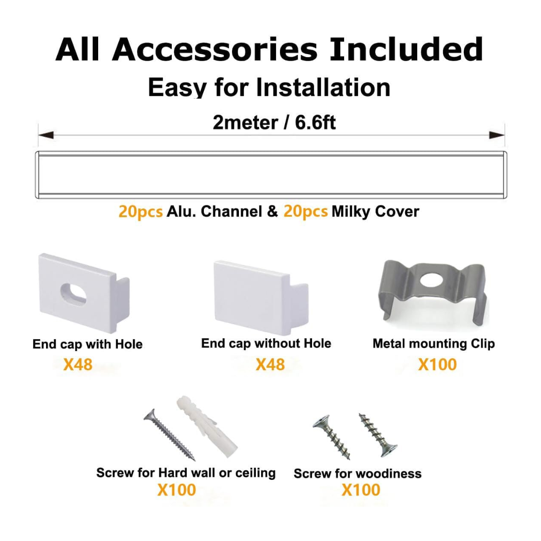 AC07 U-Shaped Square Aluminum Channel 3.3FT/1M and 6.6FT/2M For Max 16mm LED Strip Lights Pack of 10 and 20