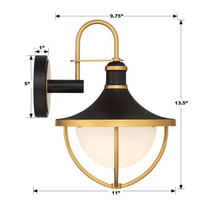 Atlas 1 Light Outdoor Sconce 9.75"x13.5" Stainless Steel and Glass Matte Black with Textured Gold Finish 120V 1 E26 Medium Base LED Bulb Socket for Patio, Garden, Exterior Walls