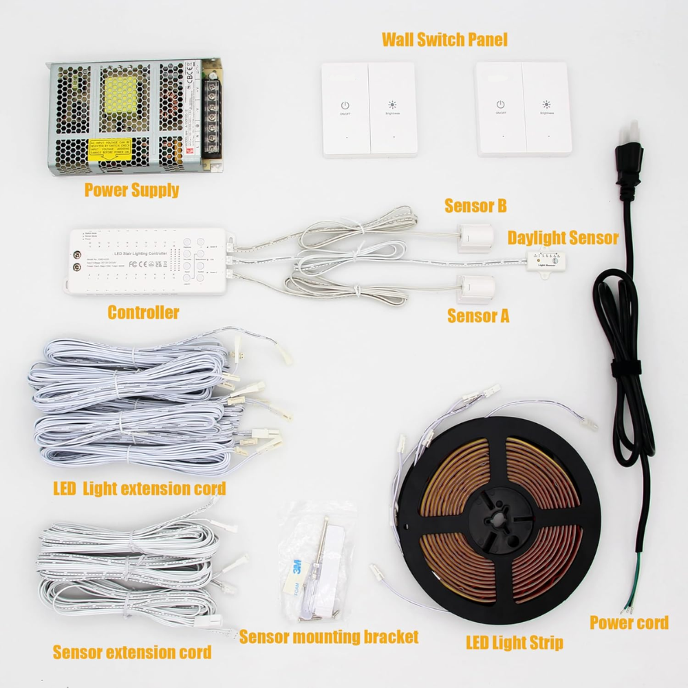 SLMS02 Intelligent LED COB Strip Light Stair Light Kit 12, 16 or 20 Stairs with Wall Switch 3000K Warm Whitre or 6000K