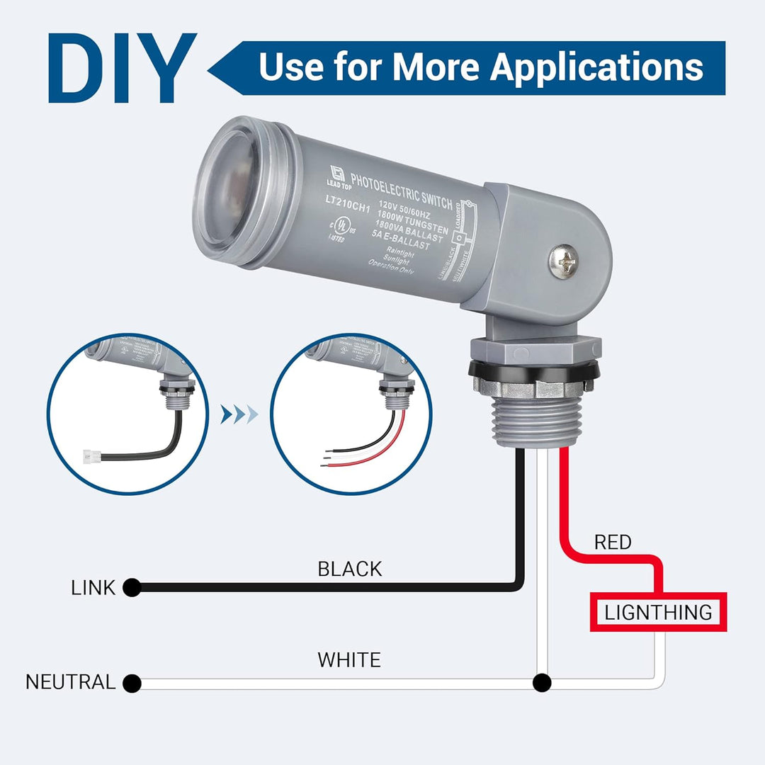 PCS02 Photocell Sensor Switch, 120V AC Outdoor Swivel Mount, Dusk to Dawn Sensor, Automatic Illumination Detection Circuit, 3 Pin Male to Male Connector Included, UL Listed