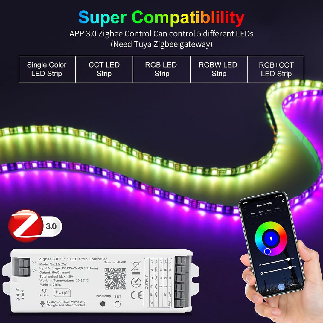 LM052 Zigbee LED Strip Light 5 in 1 Tuya Controller Compatible with Alexa and Google Assistant, for Dimming CCT RGB RGBW RGBCCT (Zigbee Gateway Network Required)